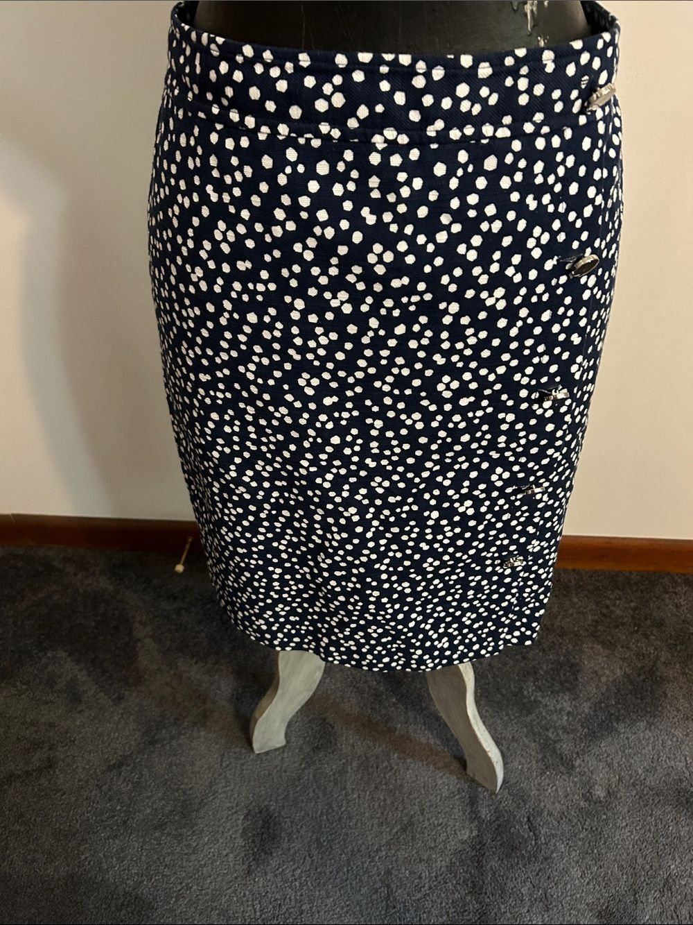 Talbots Navy Polka Dot Pencil Skirt with side silver buttons